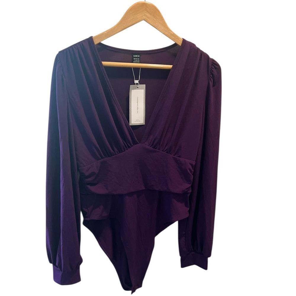 SHEIN Purple Deep V Long Sleeve Bodysuit NWT Size Large